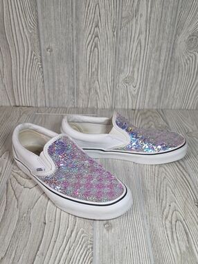 Vans Classic Slip On Sneakers Reversible Silver and Pink Sequin Checkerboard
